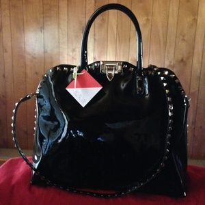 Valentino Black Patent Handbag with Gold Studding